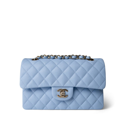 23P Light Blue Classic Flap Small Light Gold Hardware