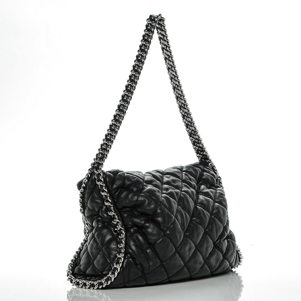 Washed Lambskin Chain Around Hobo Black