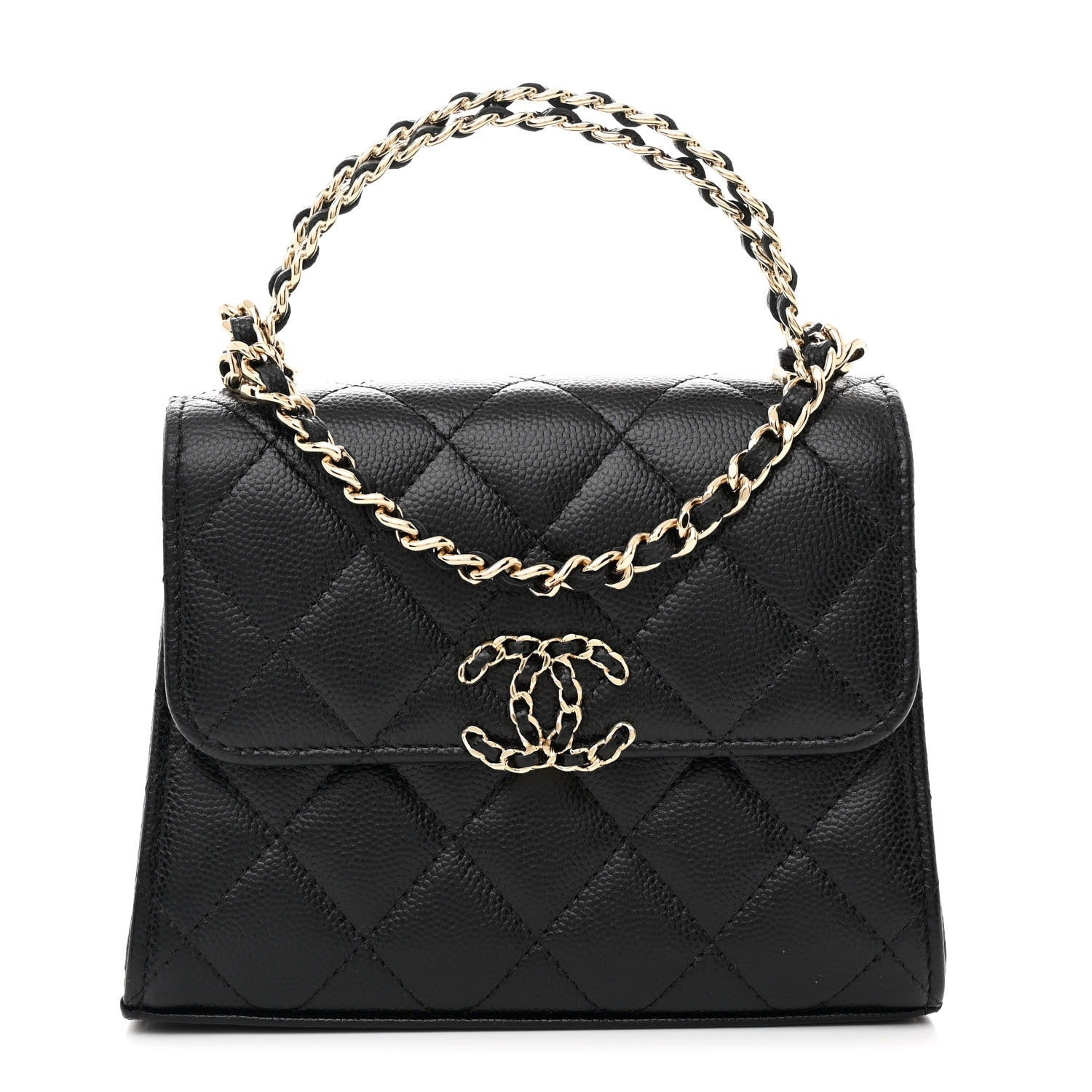 Grained Shiny Calfskin & Gold-Tone Metal Clutch with Chain