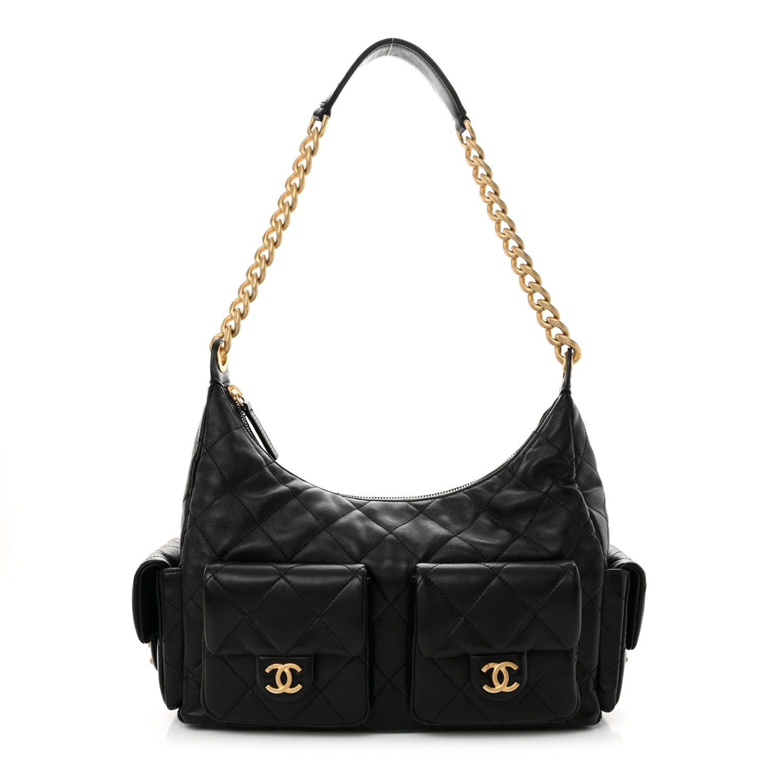Shiny Lambskin Quilted Trendy Pockets Hobo Black