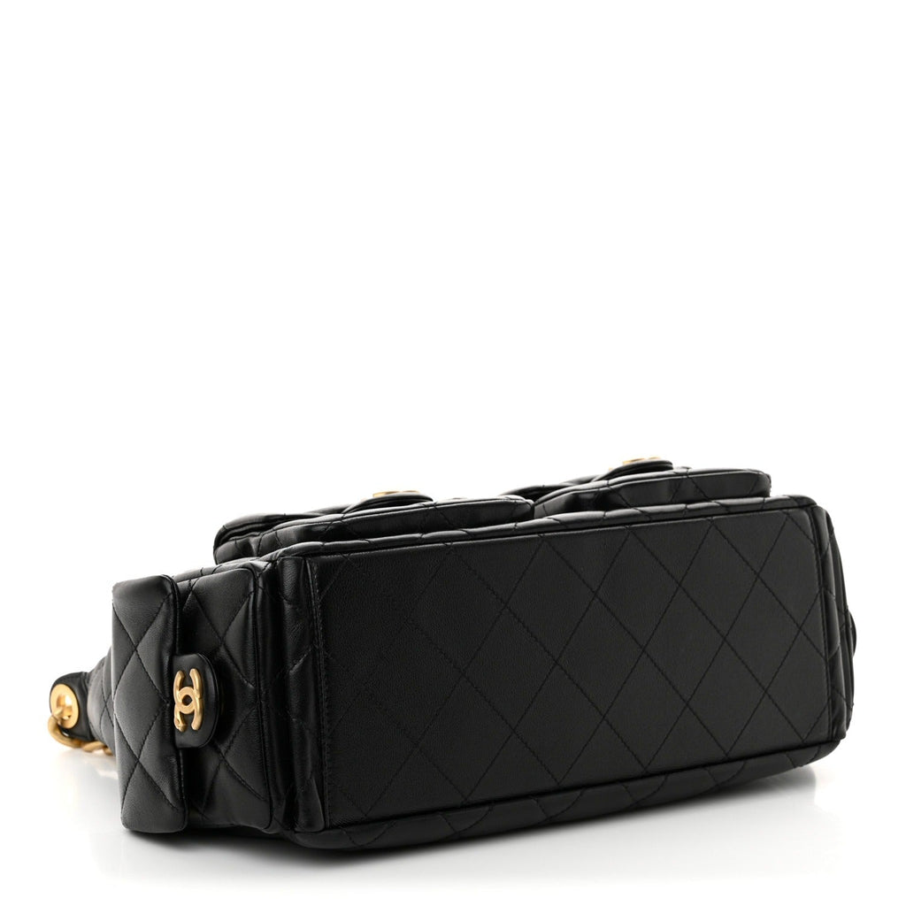 Shiny Lambskin Quilted Trendy Pockets Hobo Black