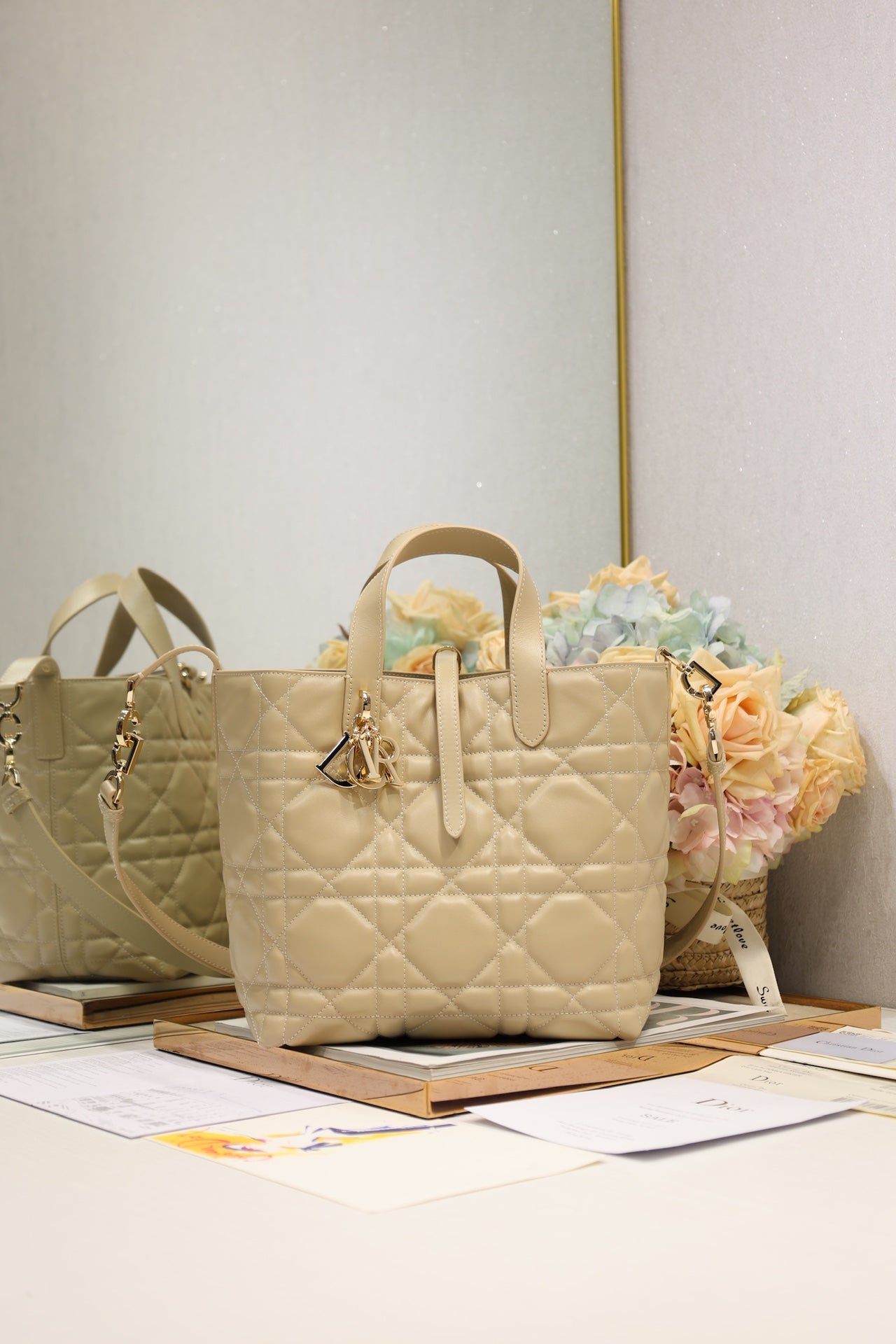 Quilted Vertical Tote with Top Handles and Shoulder Strap