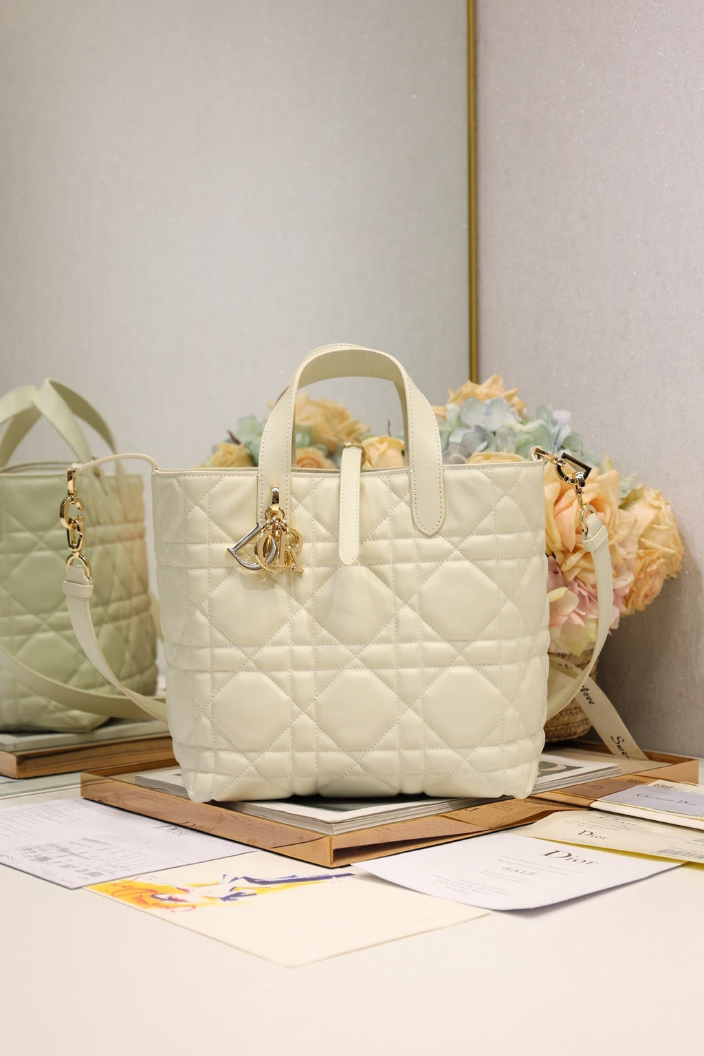 Quilted Vertical Tote with Top Handles and Shoulder Strap