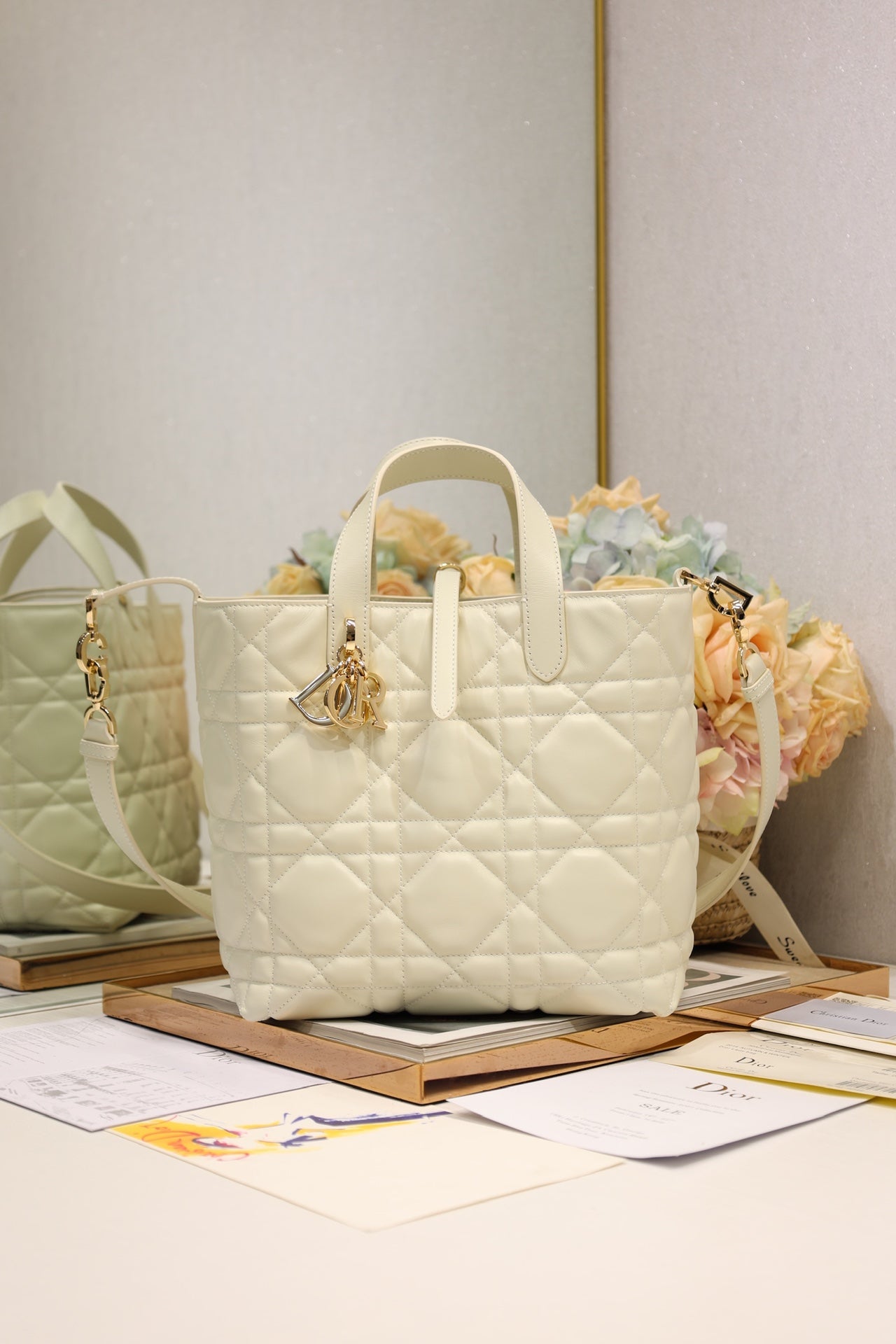 Quilted Vertical Tote with Top Handles and Shoulder Strap