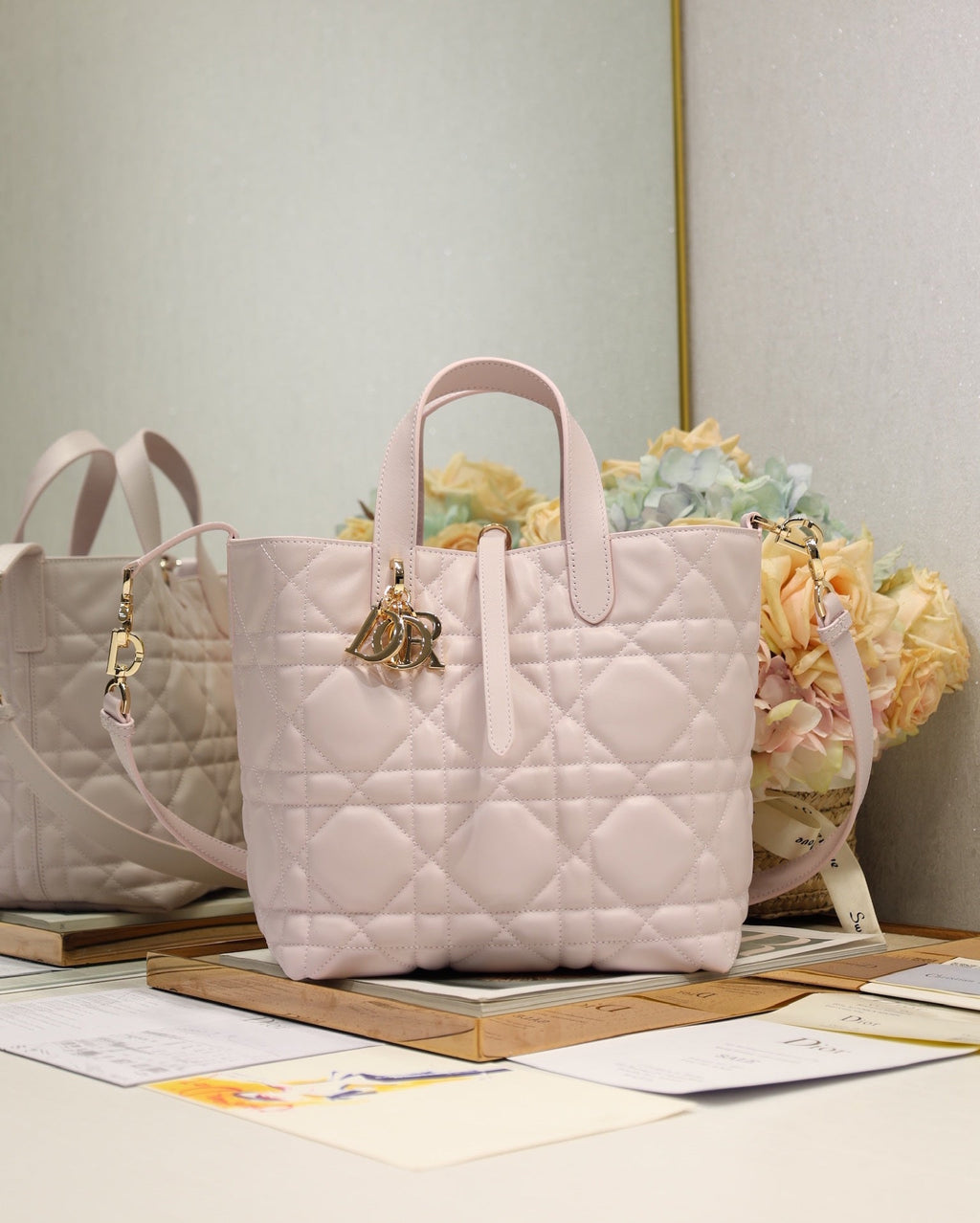 Quilted Vertical Tote with Top Handles and Shoulder Strap