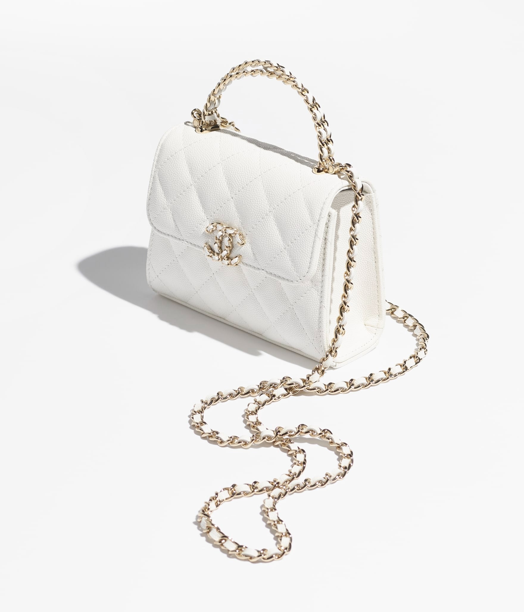 Grained Shiny Calfskin & Gold-Tone Metal Clutch with Chain