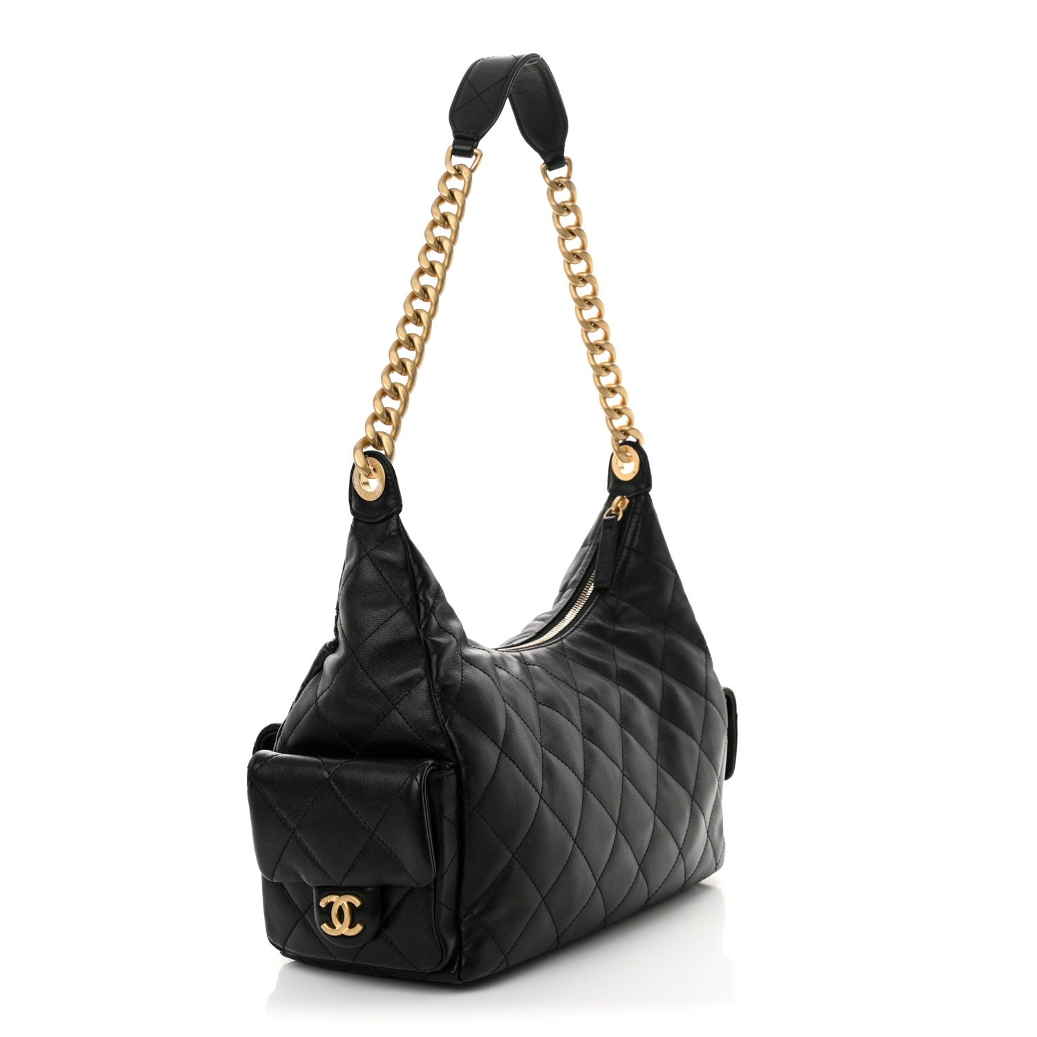 Shiny Lambskin Quilted Trendy Pockets Hobo Black