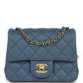 Pearl Crush Mini Square Flap Bag Blue Lambskin Antique Gold Hardware