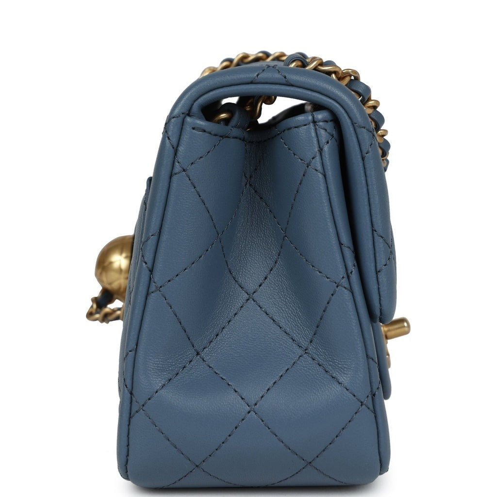 Pearl Crush Mini Square Flap Bag Blue Lambskin Antique Gold Hardware