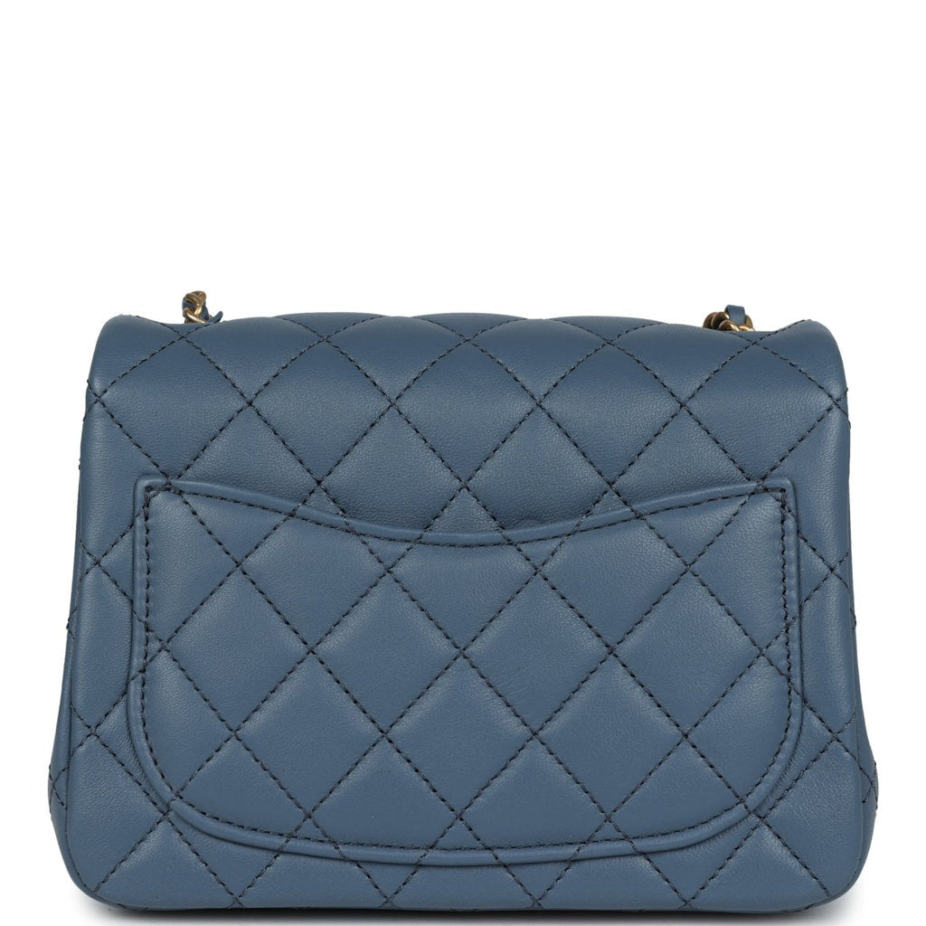 Pearl Crush Mini Square Flap Bag Blue Lambskin Antique Gold Hardware