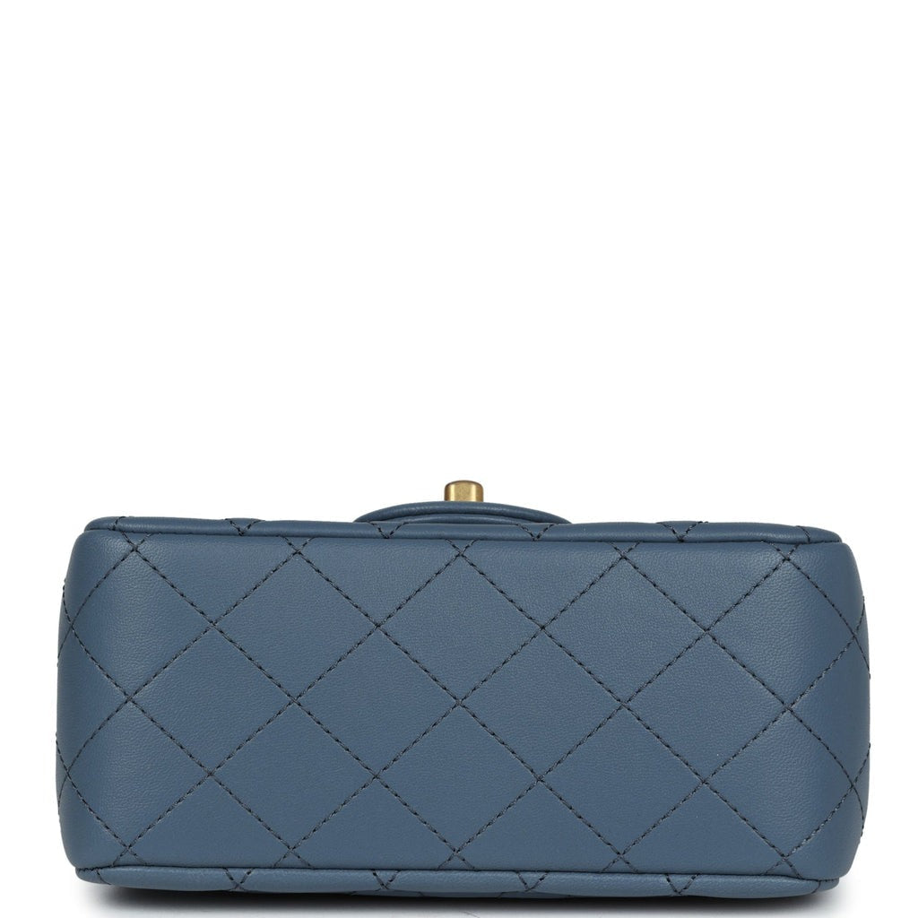 Pearl Crush Mini Square Flap Bag Blue Lambskin Antique Gold Hardware
