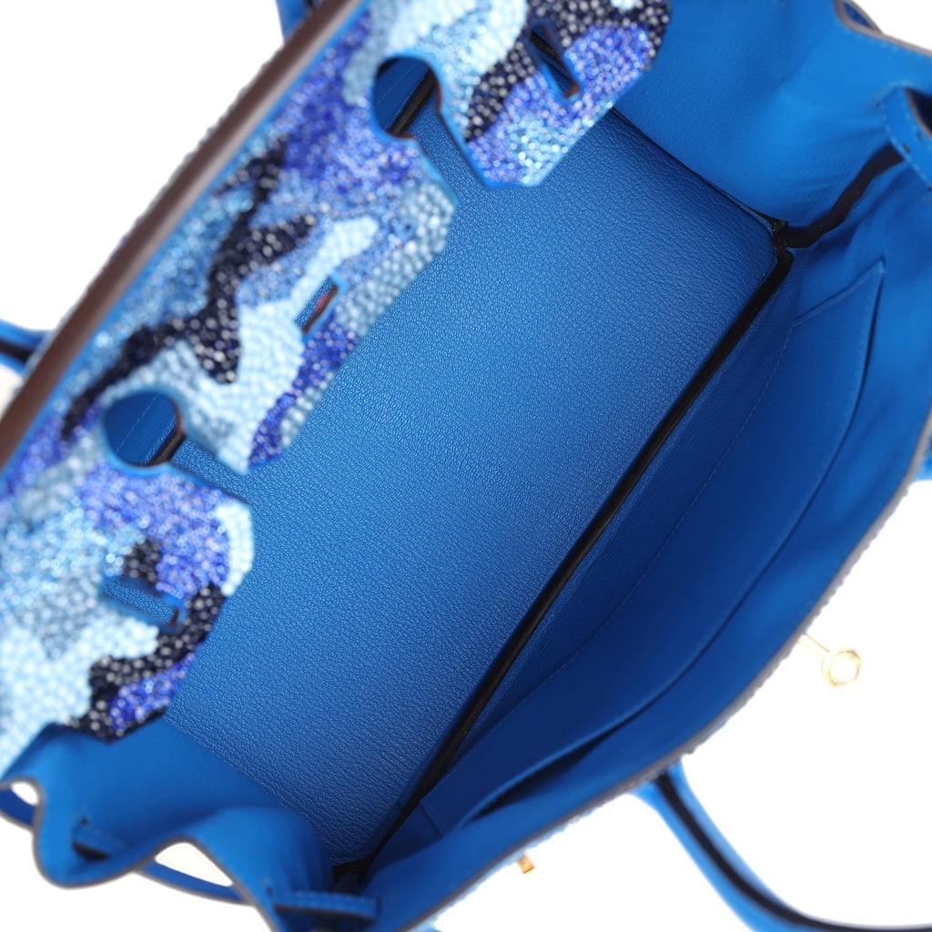Custom Camouflage Swarovski Crystal Hermès Birkin 30 Bleu Hydra Chevre Gold Hardware