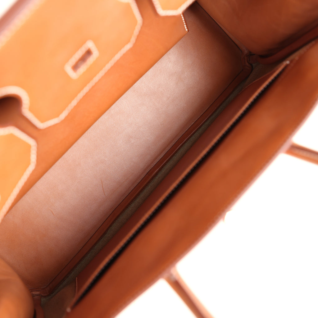Birkin 35 Flag Ficelle and Paprika Toile H and Fauve Barenia Permabrass Hardware