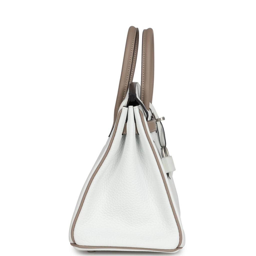 Hermès Special Order (HSS) Birkin 25 White and Etoupe Clemence Brushed Palladium Hardware