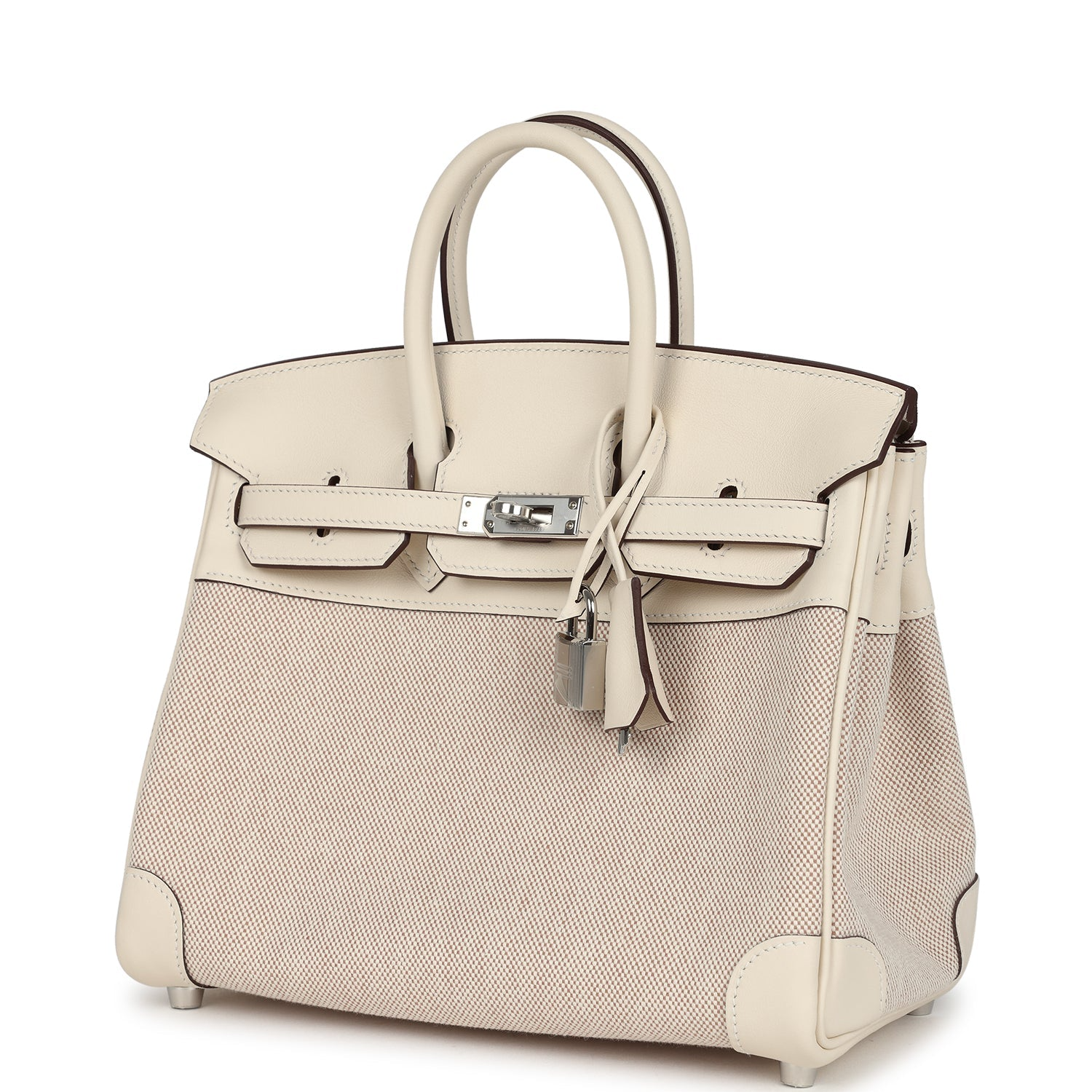 Birkin 25 Nata Swift and Ecru-Beige Toile H Canvas Palladium Hardware