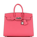 Birkin Sellier 25 Rose Azalee Epsom Palladium Hardware