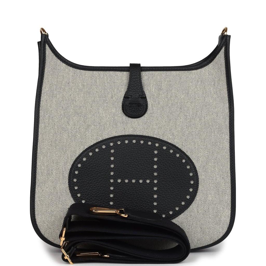 Evelyne III PM Black Clemence and Ecru Toile Gold Hardware