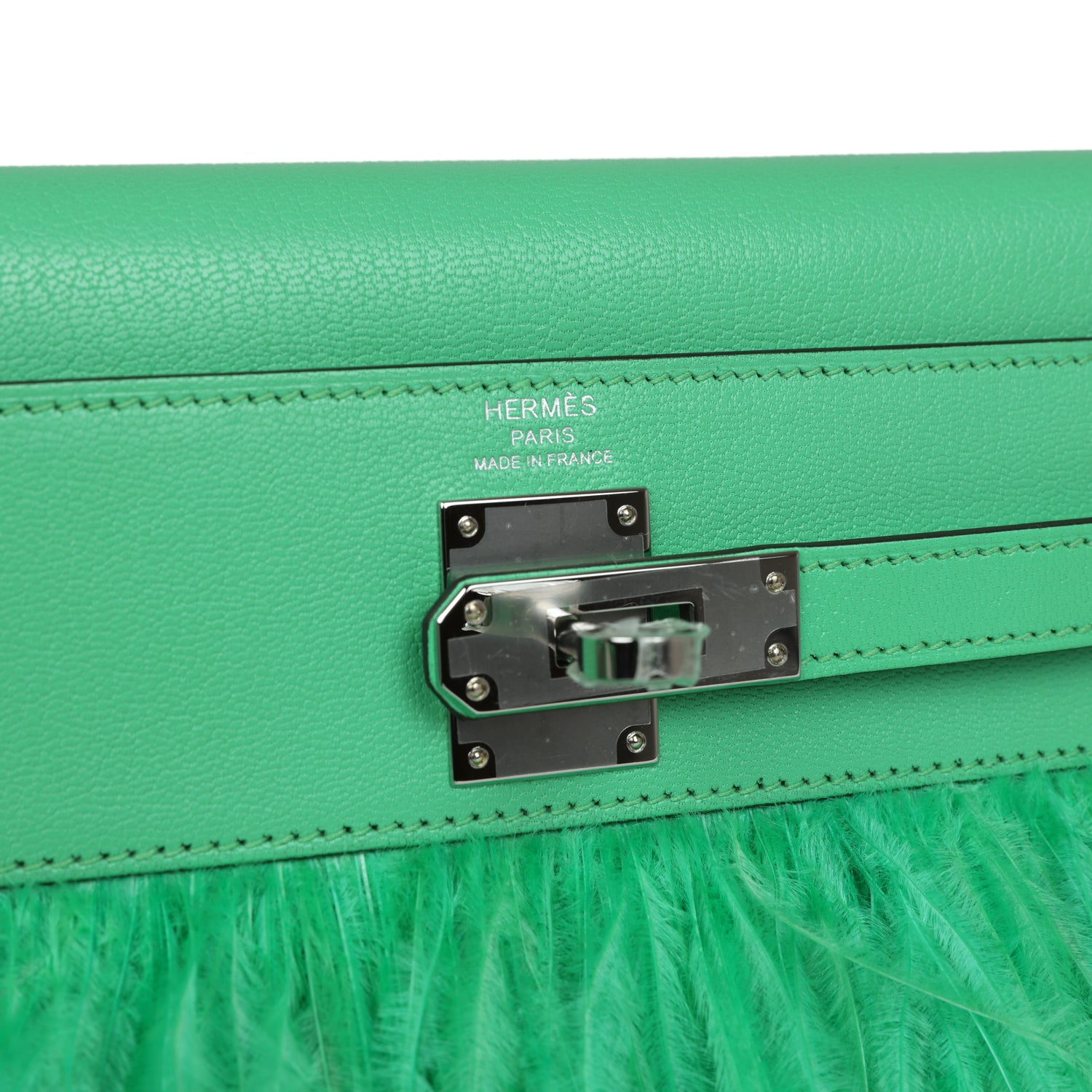 Kelly Elan Foile Vert Comics Chevre and Ostrich Feather Palladium Hardware