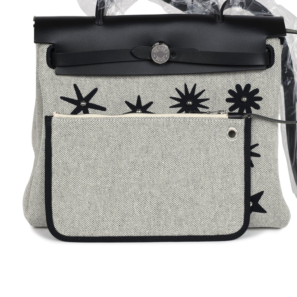 Herbag Zip 31 PM Hobnailed Black and Ecru Printed H Plume Canvas and Vache Hunter Palladium Hardware