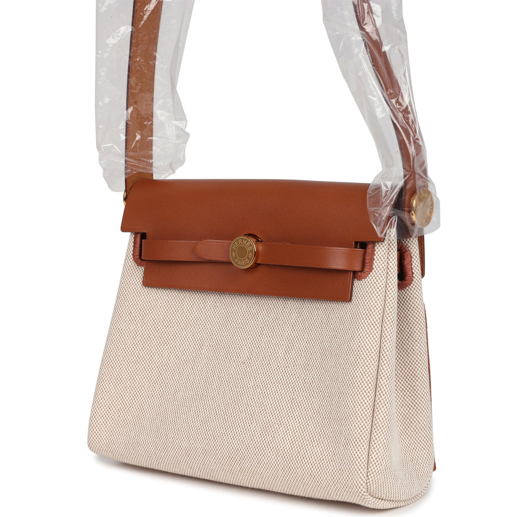 Herbag Zip 20 Mini Ecru and Beige Toile H Canvas and Fauve Vache Hunter Gold Hardware