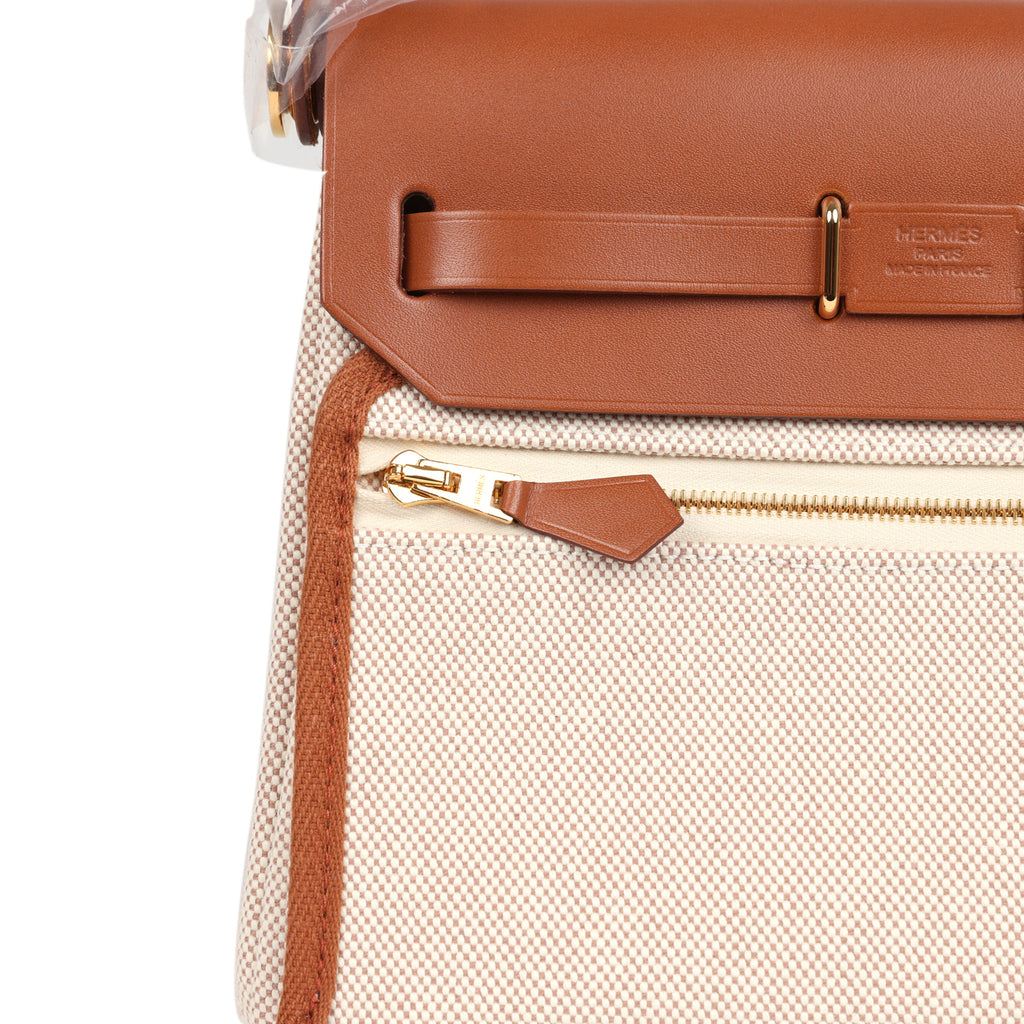 Herbag Zip 20 Mini Ecru and Beige Toile H Canvas and Fauve Vache Hunter Gold Hardware