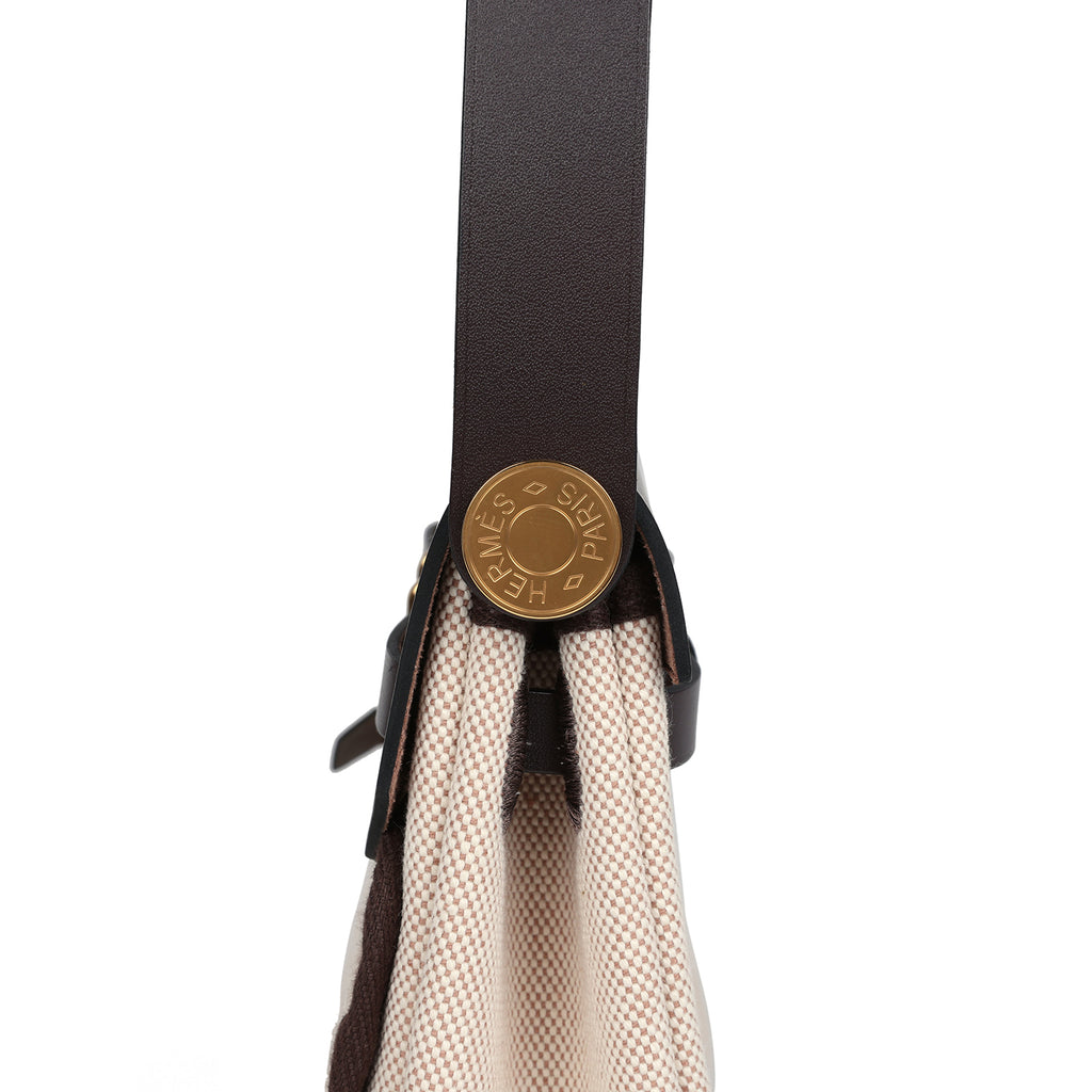 Herbag Zip 20 Mini Ecru and Beige Toile H Canvas and Ebene Vache Hunter Gold Hardware