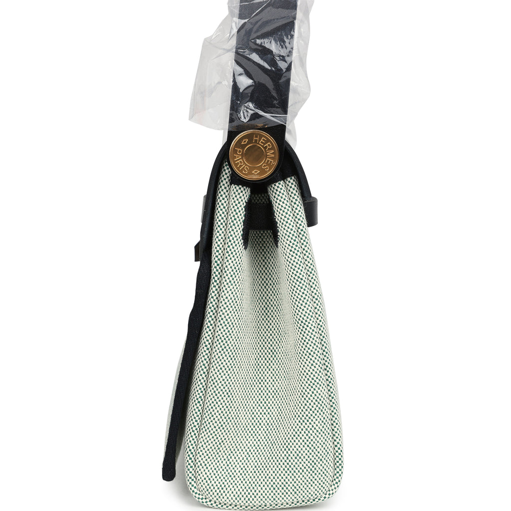 Herbag Zip 20 Mini Ecru and Vert Moyen Toile H Canvas and Black Vache Hunter Gold Hardware