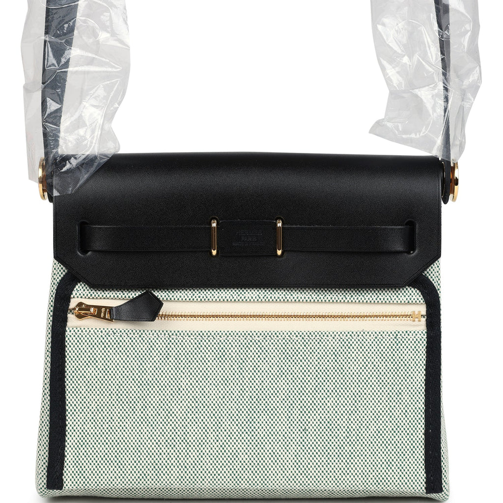 Herbag Zip 20 Mini Ecru and Vert Moyen Toile H Canvas and Black Vache Hunter Gold Hardware