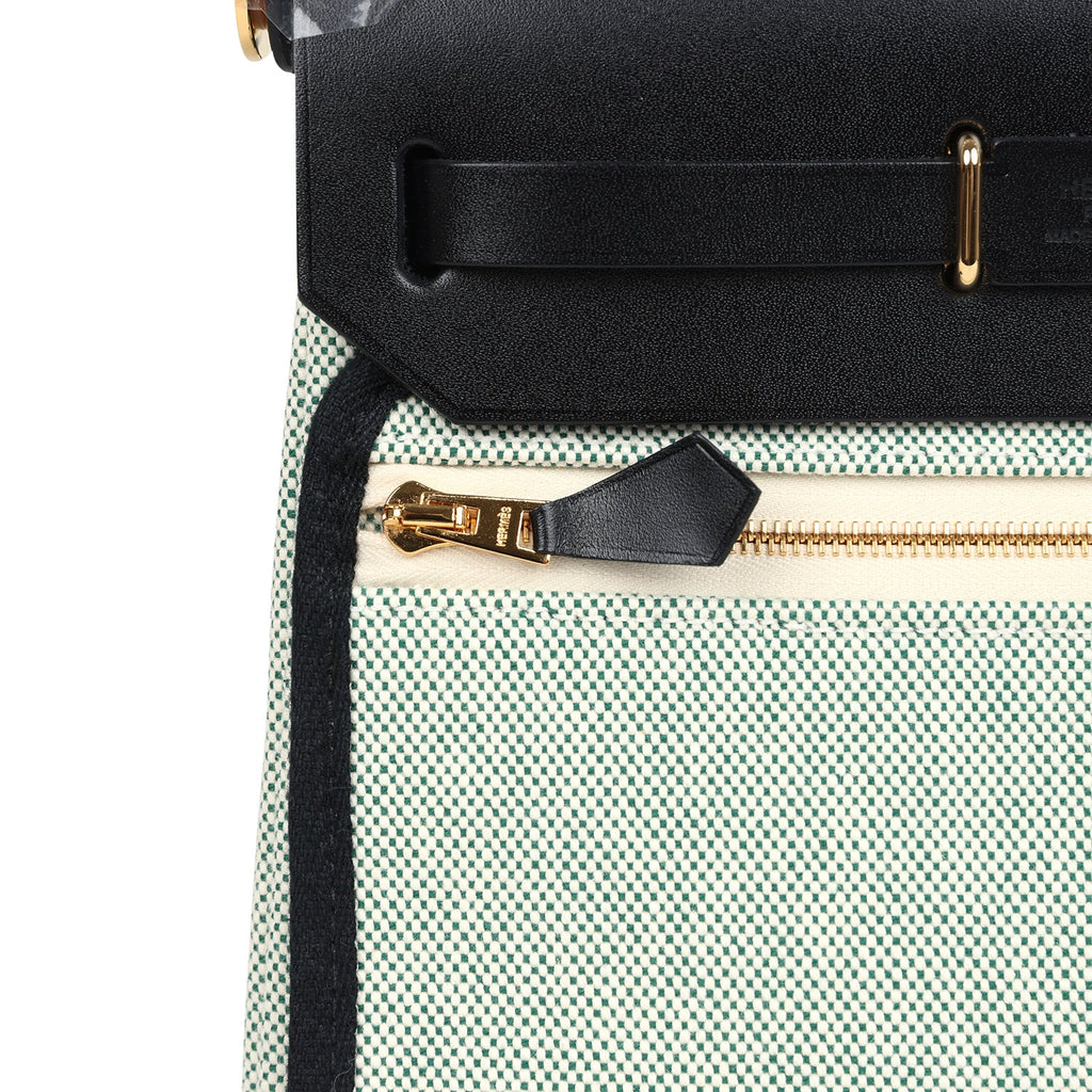Herbag Zip 20 Mini Ecru and Vert Moyen Toile H Canvas and Black Vache Hunter Gold Hardware