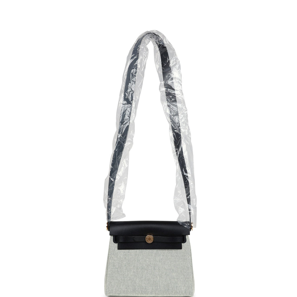 Herbag Zip 20 Mini Ecru and Vert Moyen Toile H Canvas and Black Vache Hunter Gold Hardware