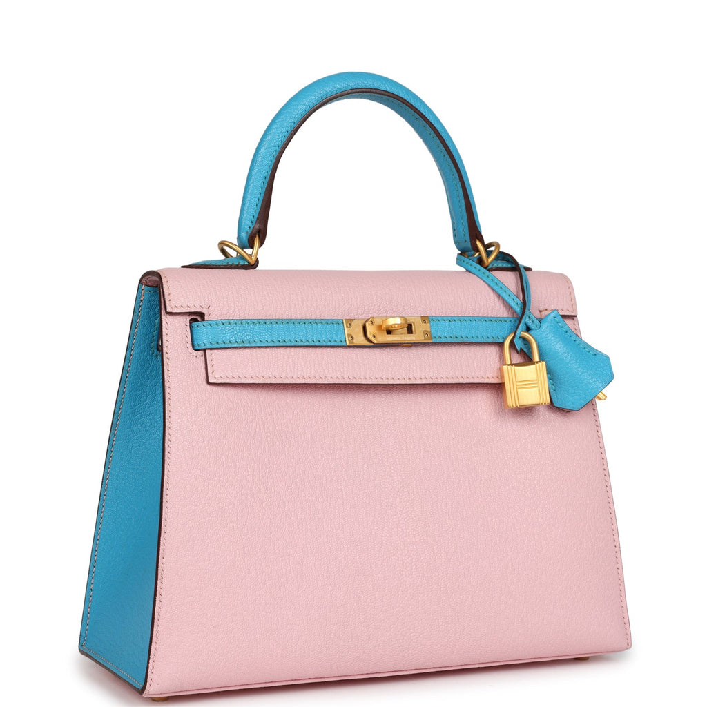 Special Order (HSS) Kelly Sellier 25 Rose Sakura and Bleu Aztec Chevre Brushed Gold Hardware