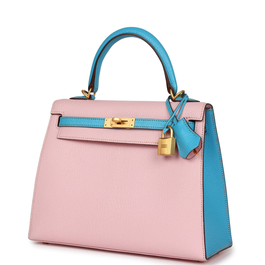 Special Order (HSS) Kelly Sellier 25 Rose Sakura and Bleu Aztec Chevre Brushed Gold Hardware