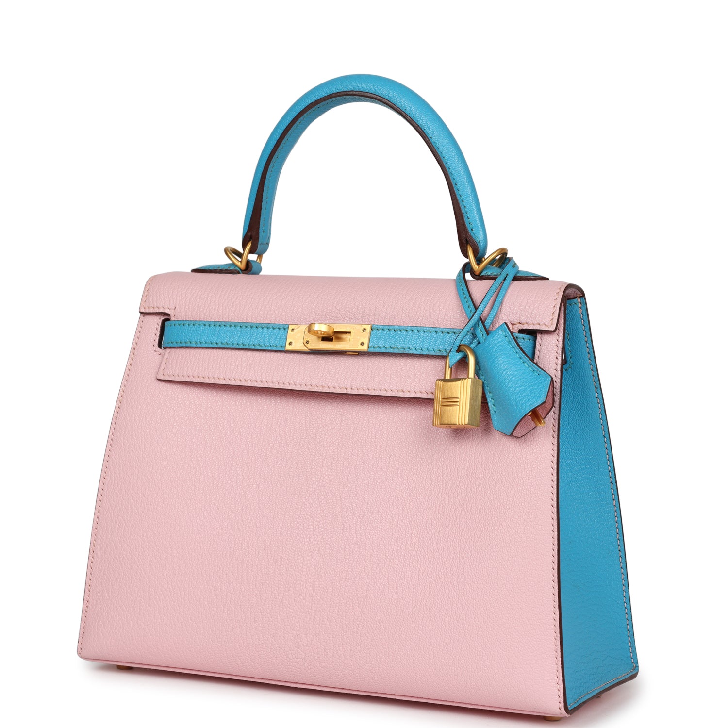 Special Order (HSS) Kelly Sellier 25 Rose Sakura and Bleu Aztec Chevre Brushed Gold Hardware