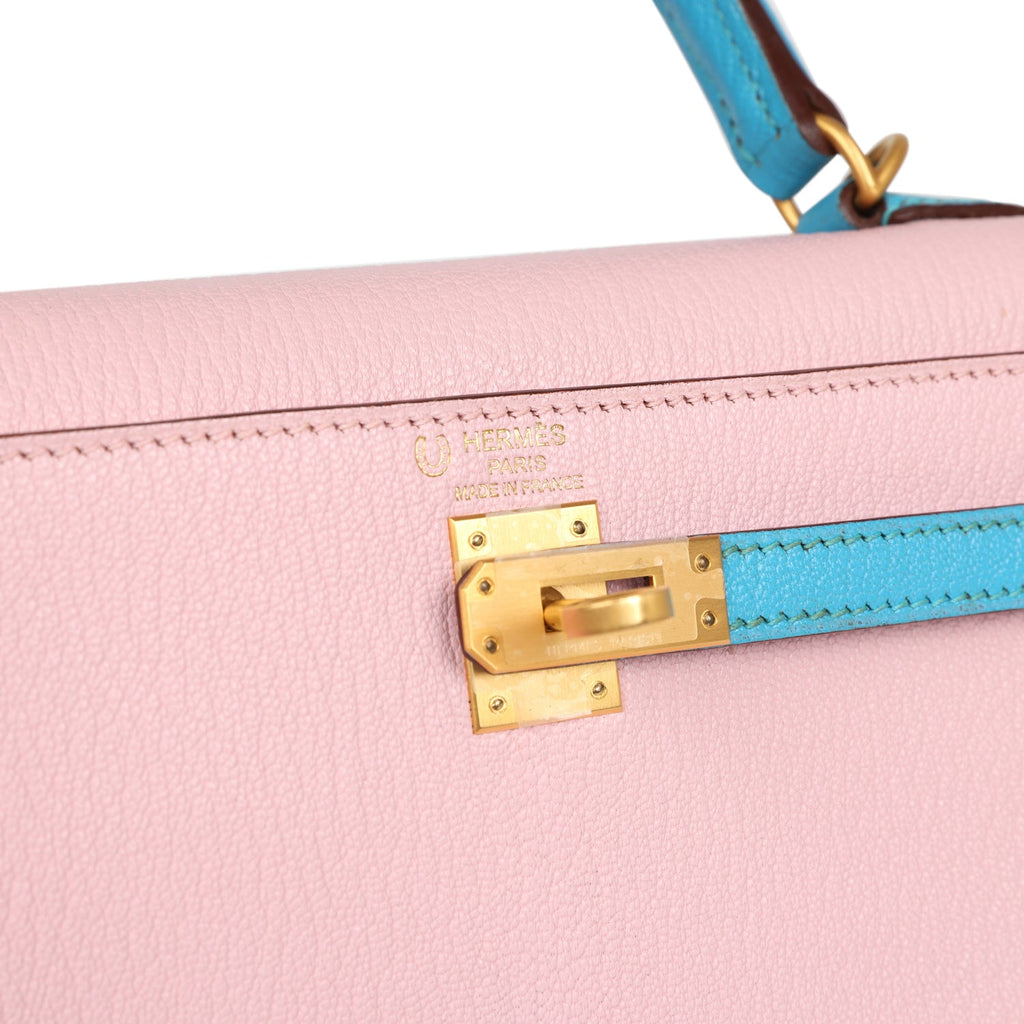 Special Order (HSS) Kelly Sellier 25 Rose Sakura and Bleu Aztec Chevre Brushed Gold Hardware