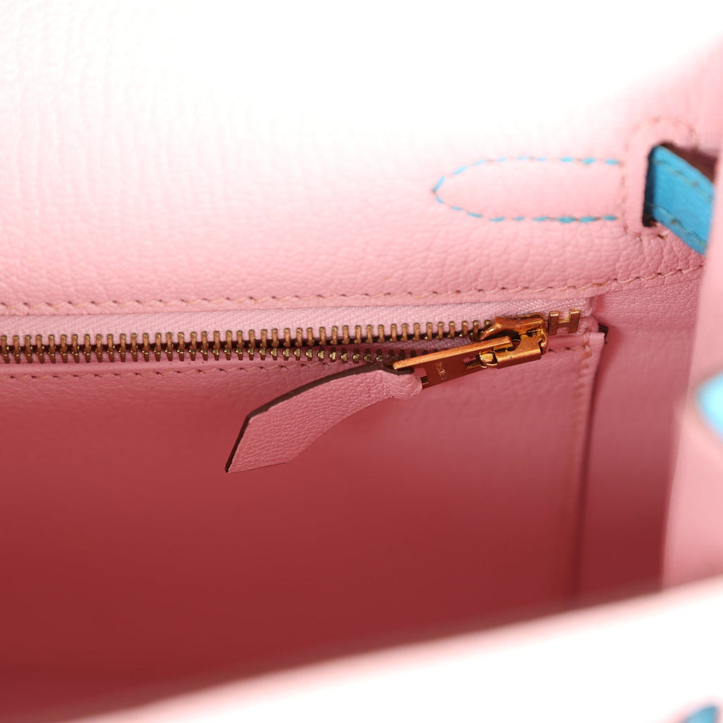 Special Order (HSS) Kelly Sellier 25 Rose Sakura and Bleu Aztec Chevre Brushed Gold Hardware