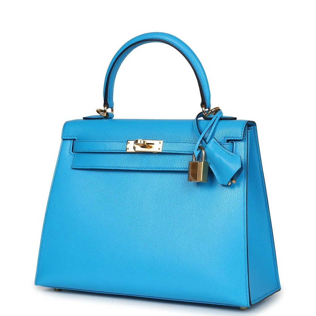 Kelly Sellier 25 Bleu Frida Chevre Gold Hardware