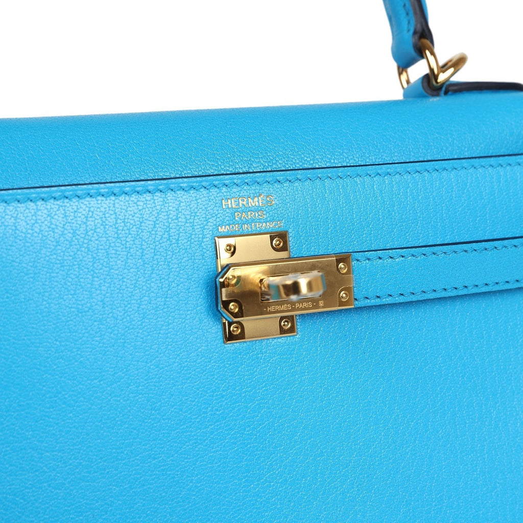 Kelly Sellier 25 Bleu Frida Chevre Gold Hardware