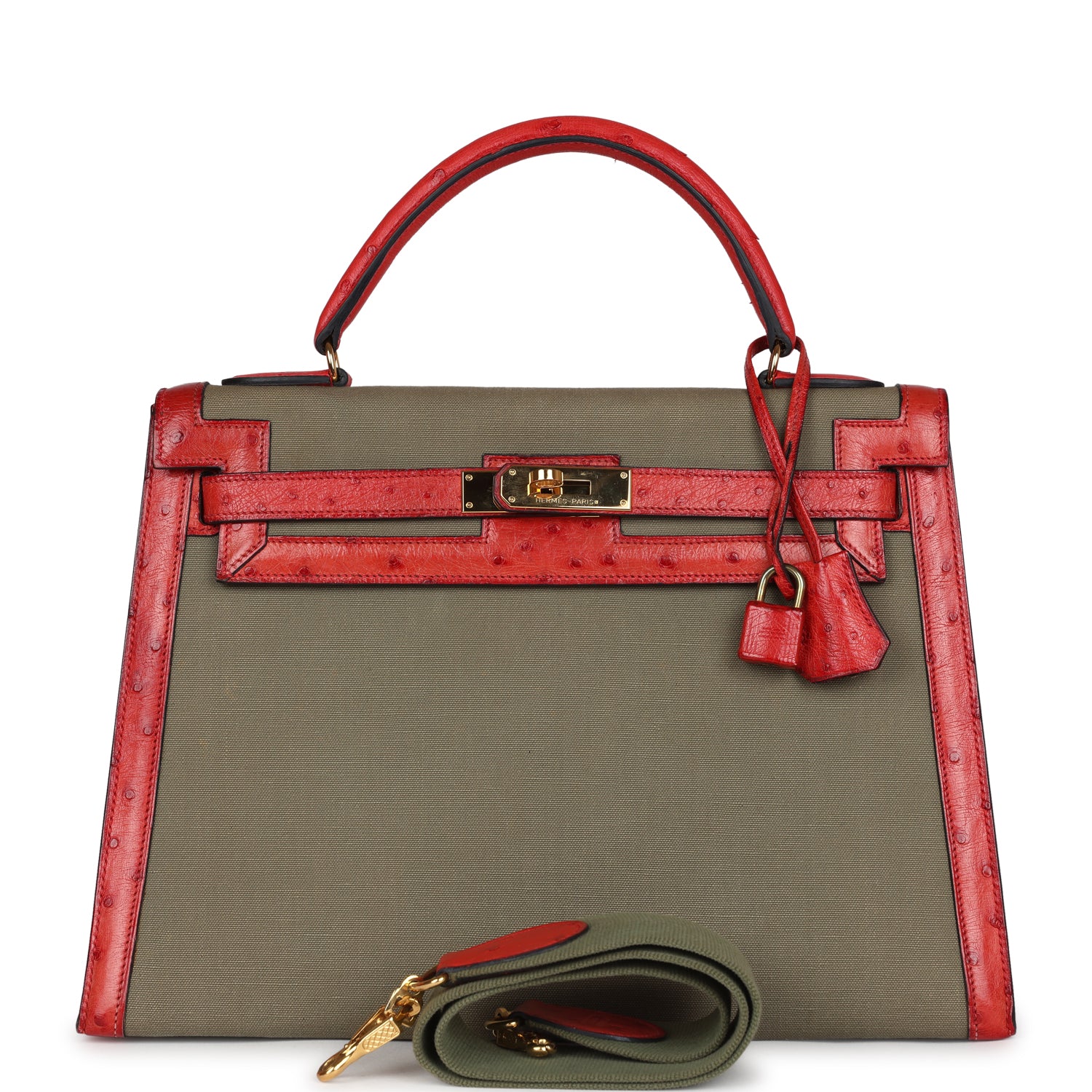 Vintage Kelly Sellier 32 Rouge Vif Ostrich and Vert Olive Officier Canvas Gold Hardware