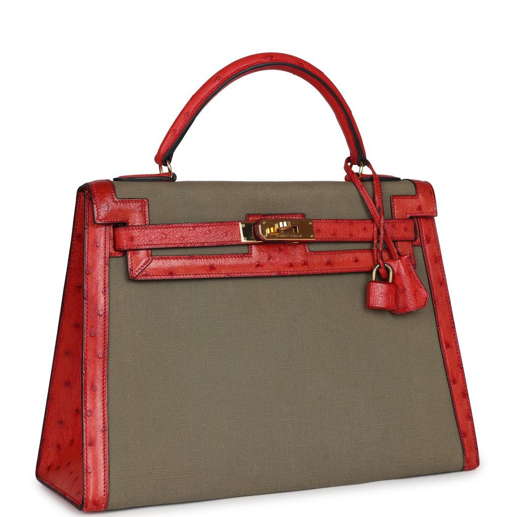Vintage Kelly Sellier 32 Rouge Vif Ostrich and Vert Olive Officier Canvas Gold Hardware