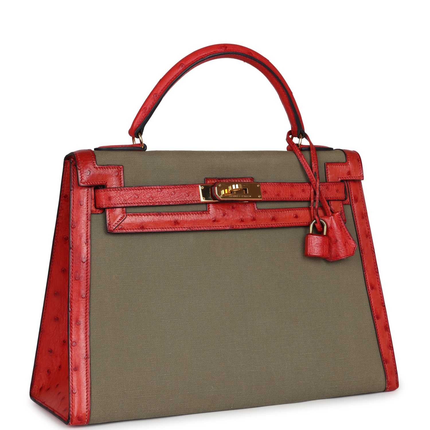 Vintage Kelly Sellier 32 Rouge Vif Ostrich and Vert Olive Officier Canvas Gold Hardware