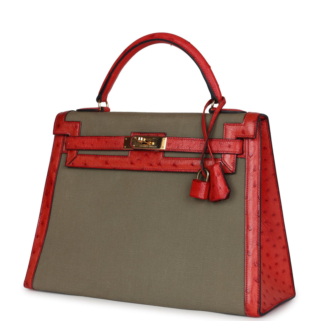 Vintage Kelly Sellier 32 Rouge Vif Ostrich and Vert Olive Officier Canvas Gold Hardware