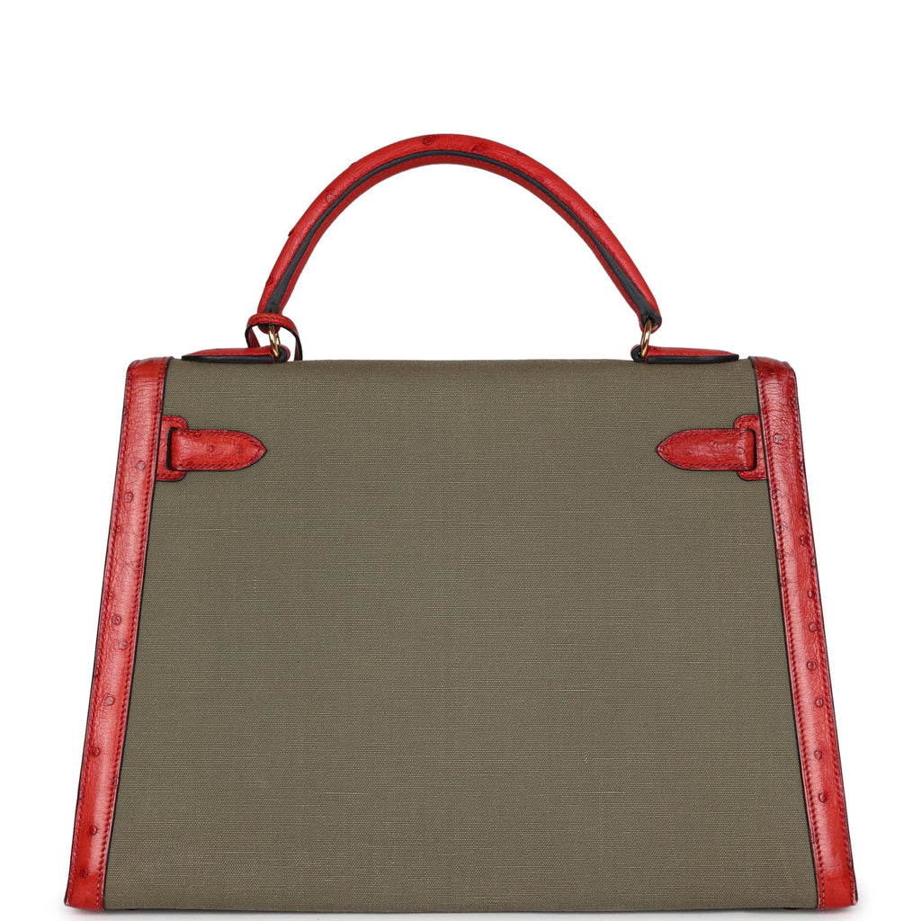 Vintage Kelly Sellier 32 Rouge Vif Ostrich and Vert Olive Officier Canvas Gold Hardware