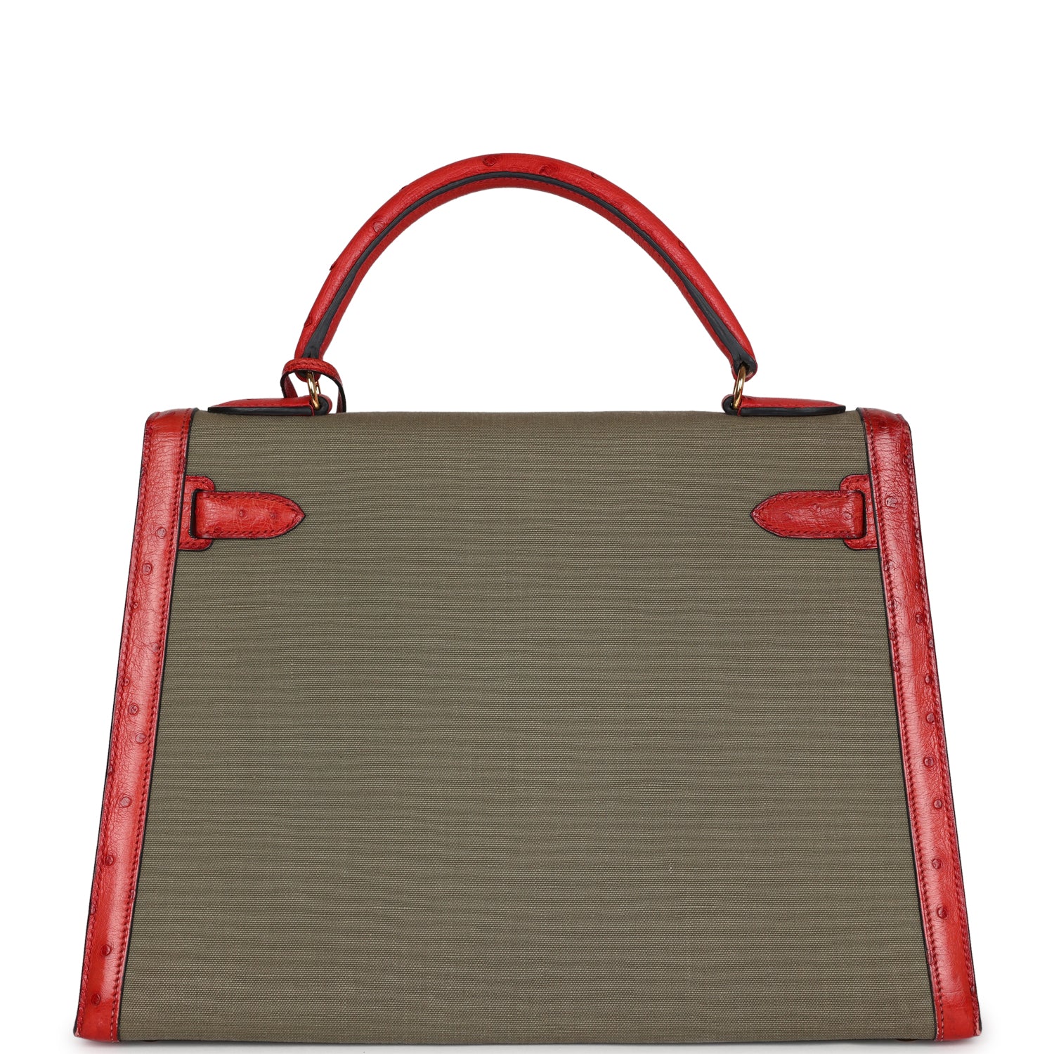 Vintage Kelly Sellier 32 Rouge Vif Ostrich and Vert Olive Officier Canvas Gold Hardware