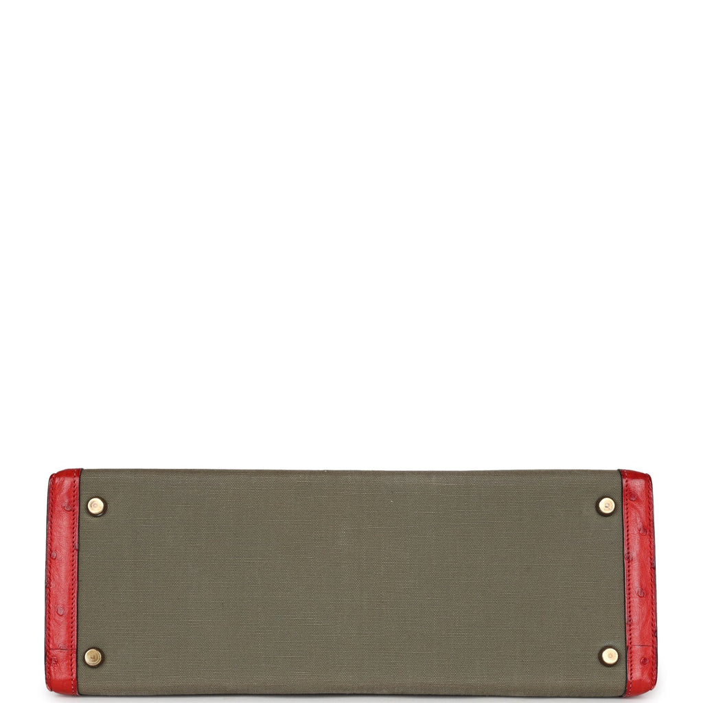 Vintage Kelly Sellier 32 Rouge Vif Ostrich and Vert Olive Officier Canvas Gold Hardware