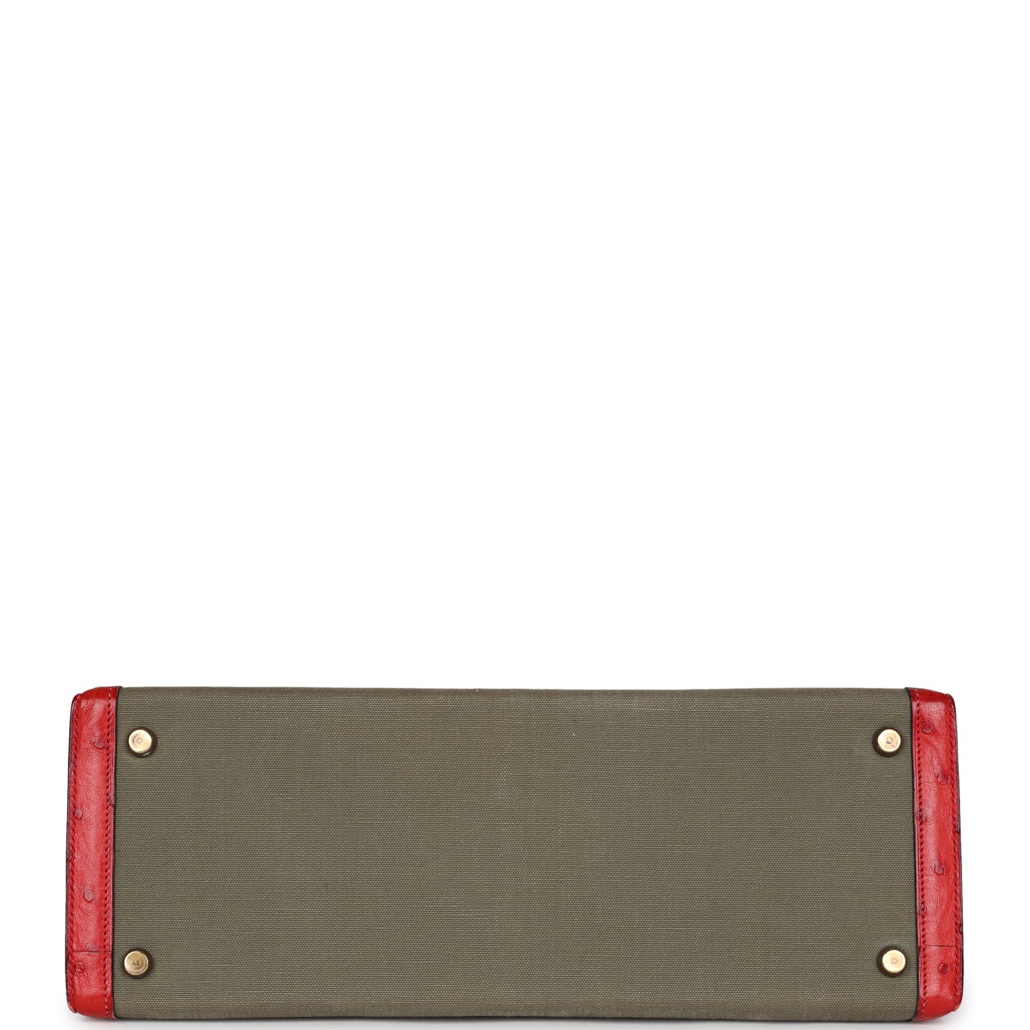 Vintage Kelly Sellier 32 Rouge Vif Ostrich and Vert Olive Officier Canvas Gold Hardware