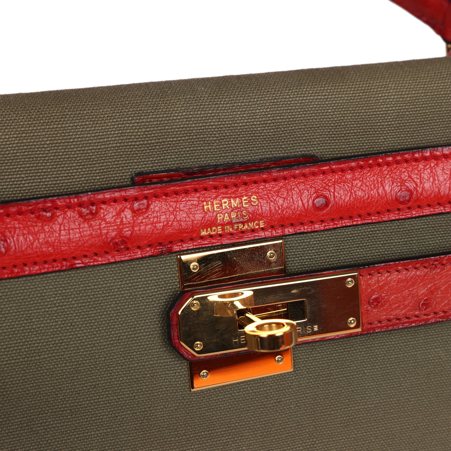 Vintage Kelly Sellier 32 Rouge Vif Ostrich and Vert Olive Officier Canvas Gold Hardware