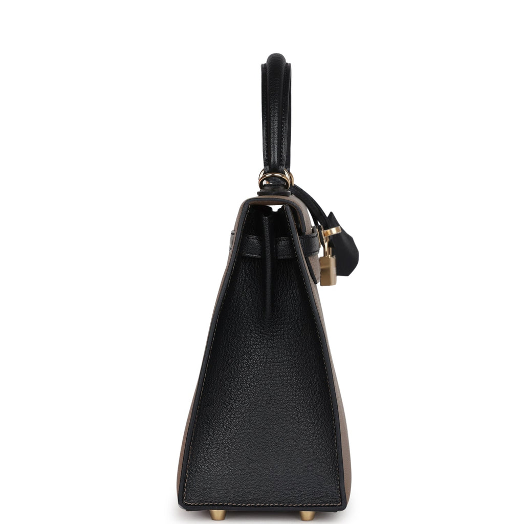 Special Order (HSS) Kelly Sellier 25 Black and Etoupe Chevre Mysore Permabrass Hardware