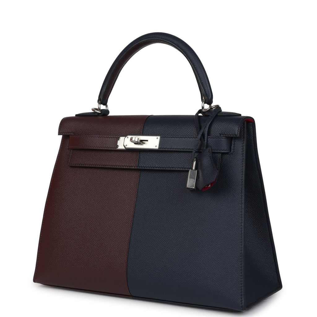 Kelly Sellier 28 Casaque Bleu Indigo and Rouge Sellier Epsom Palladium Hardware