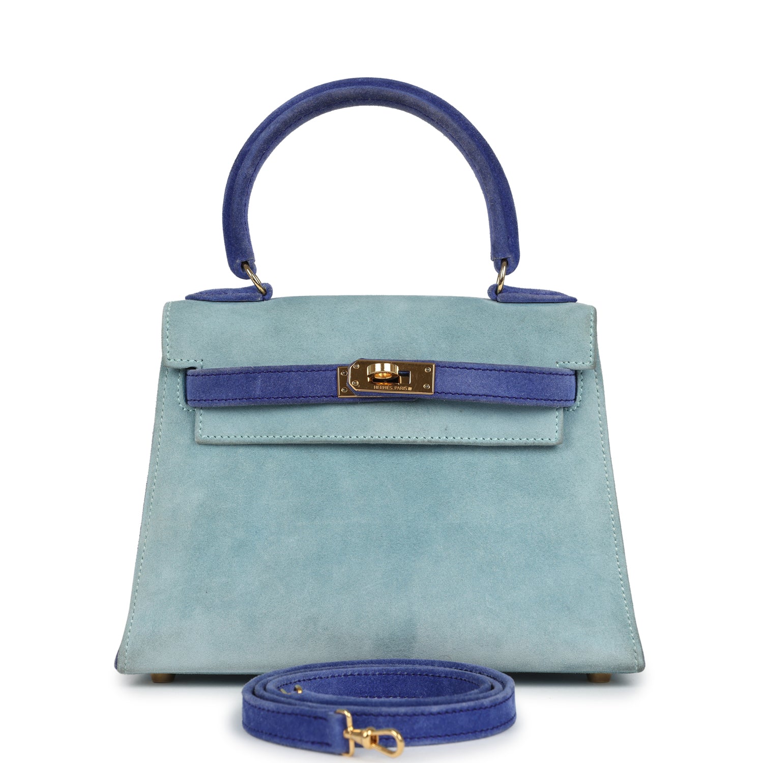 Vintage Kelly Sellier 20 Bleu Electric and Aqua Doblis Gold Hardware
