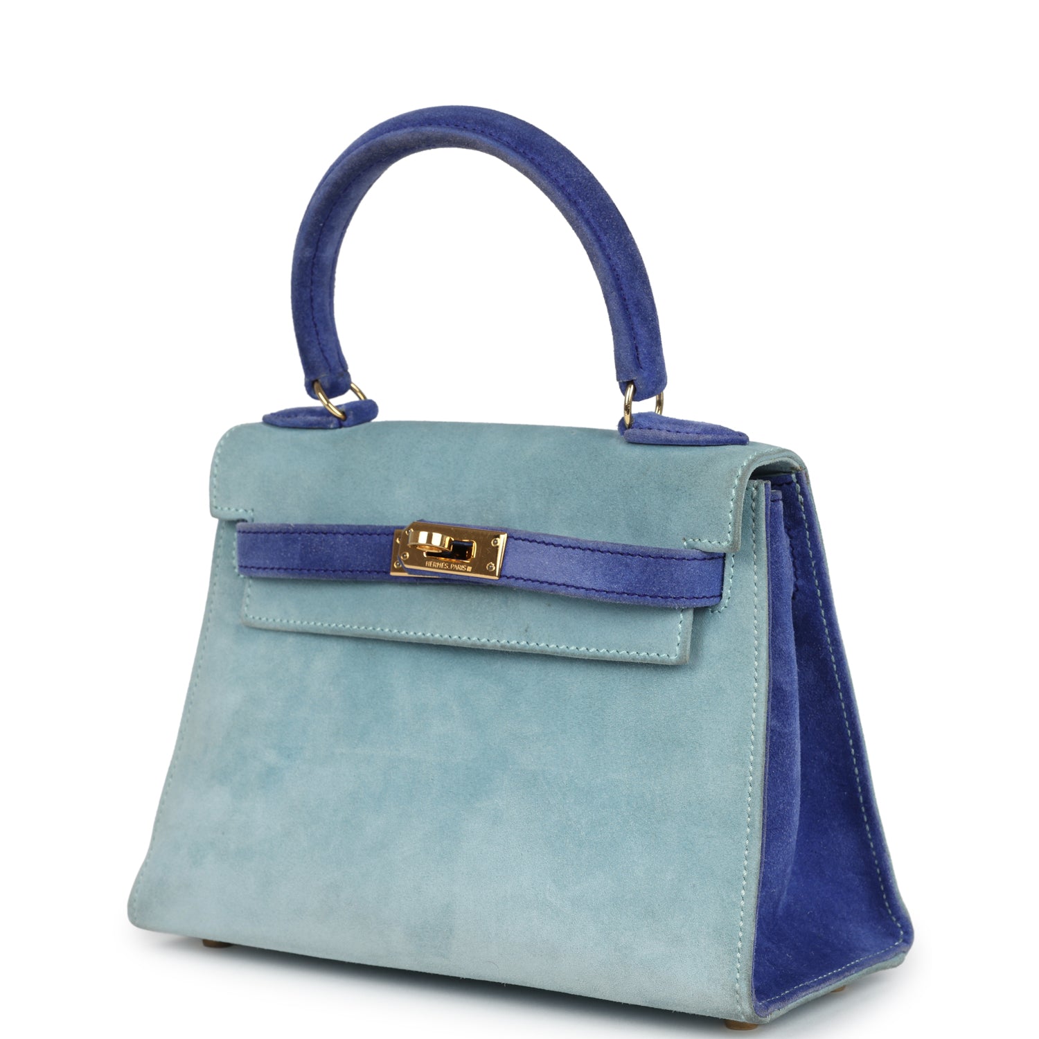 Vintage Kelly Sellier 20 Bleu Electric and Aqua Doblis Gold Hardware